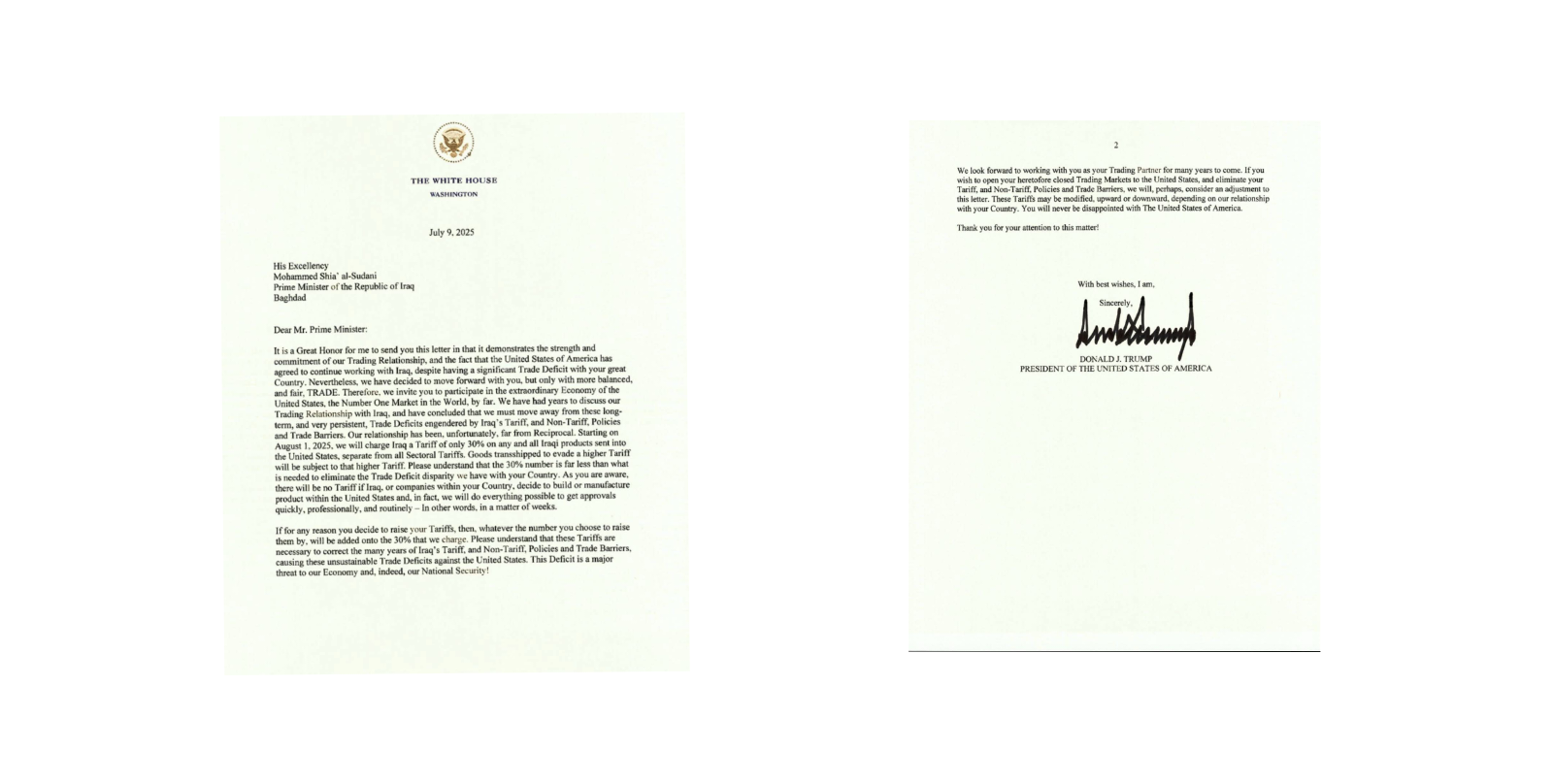 عاجل /  الرئيس الامريكي دونالد ترامب يرسل رسالة إلى الحكومة العراقية ويعلن فيها فرض 30 % رسوما على العراق