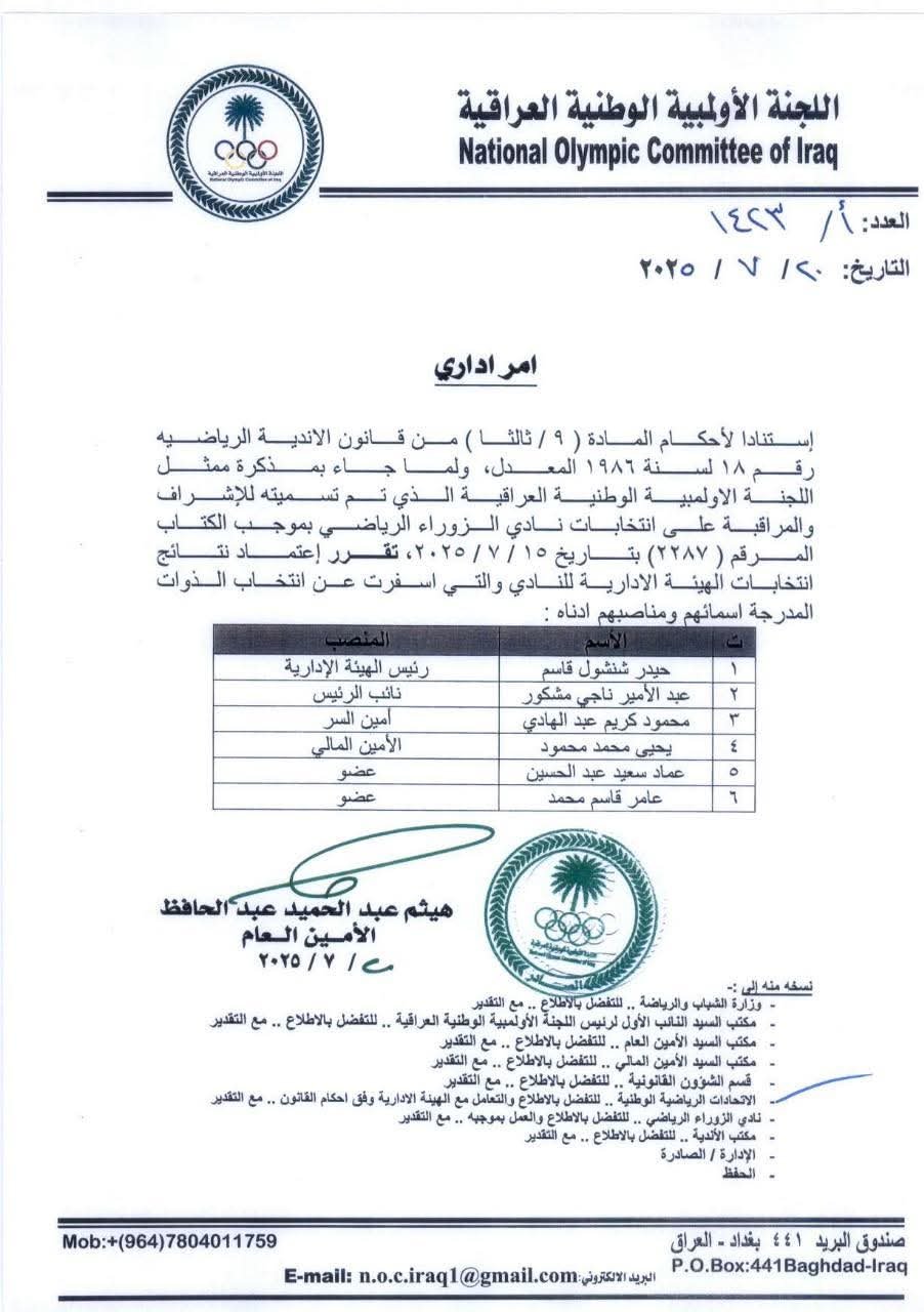 اللجنة الاولمبية تقرر اعتماد نتائج انتخابات نادي الزوراء الرياضي