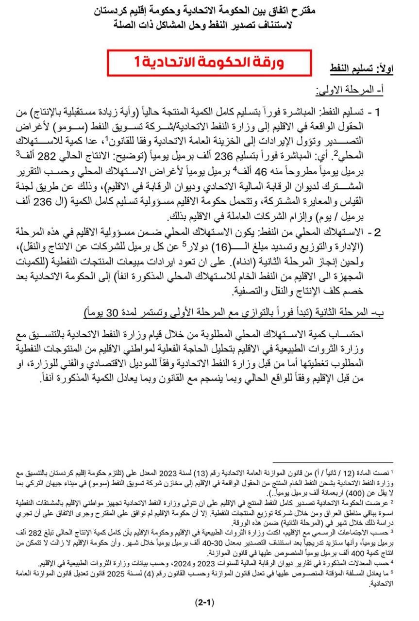 نسخة من ورقتي الاتفاق بين حكومتي بغداد وأربيل اللتين ناقشهما مجلس الوزراء اليوم