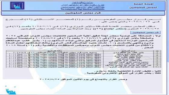 بالوثيقة..مفوضية الانتخابات تستبعد 10 مرشحين جدد