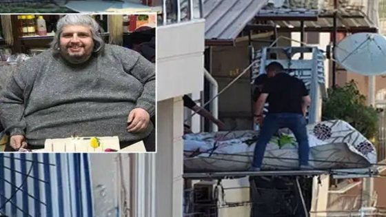 عائلة تركية تستعين برافعة لنقل جثمان ابنها؛ بسبب وزنه البالغ 310 كيلوغرامات لصعوبة إخراجه من شقته في الطابق الثاني