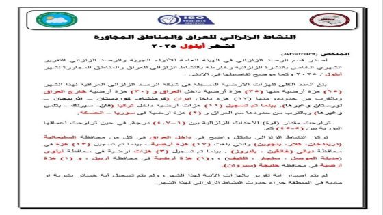 الرصد الزلزالي: 35 هزة داخل العراق و30 قرب الحدود خلال أيلول