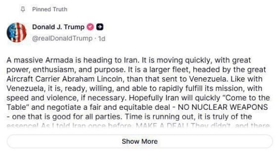 ترامب يثبت تغريدته التي تهدد إيران على منصة تروث.