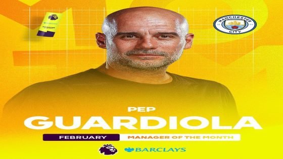 بيب غوارديولا يفوز بـجائزة مدرب الشهر في البريميرليغ لـ شهر فبراير، غوارديولا يتحصل على جائزة للمرة الاولى منذ ديسمبر 2021.