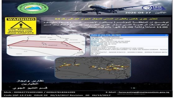 الأنواء الجوية تحذر من غيوم وعواصف رعدية تؤثر على الطيران في الأجواء العراقية (K3)
