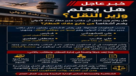 حارث العبيدي.. مدير مطار بغداد الدولي. هل يعلم وزير النقل أن مكتب مدير مطار بغداد يضم أشخاصًا من خارج ملاك المطار؟