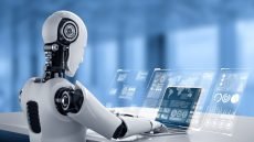 Robot humanoid use laptop and sit at table for big data analytic using AI thinking brain , artificial intelligence and machine learning process for the 4th fourth industrial revolution . 3D rendering.