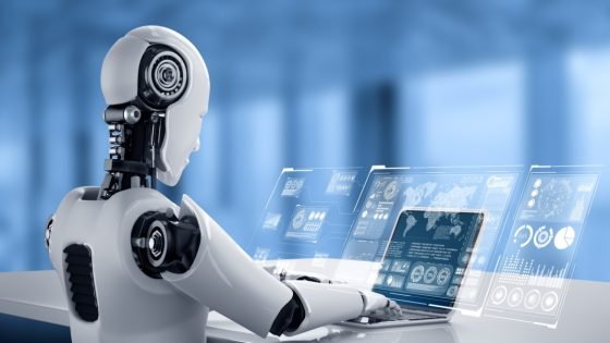 Robot humanoid use laptop and sit at table for big data analytic using AI thinking brain , artificial intelligence and machine learning process for the 4th fourth industrial revolution . 3D rendering.