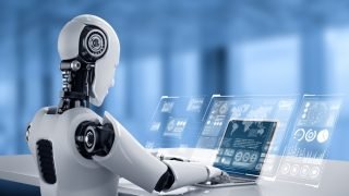 Robot humanoid use laptop and sit at table for big data analytic using AI thinking brain , artificial intelligence and machine learning process for the 4th fourth industrial revolution . 3D rendering.